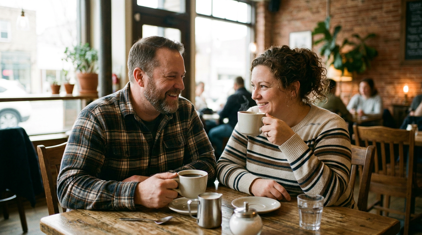 Couple sitting at a wooden table drinking coffee and smiling at each other