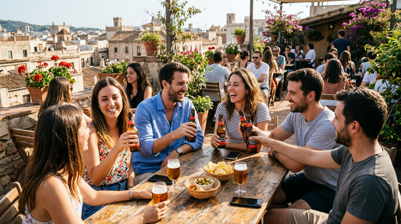 Group of friends laughing and toasting with beer bottles around a wooden table on a rooftop terrace